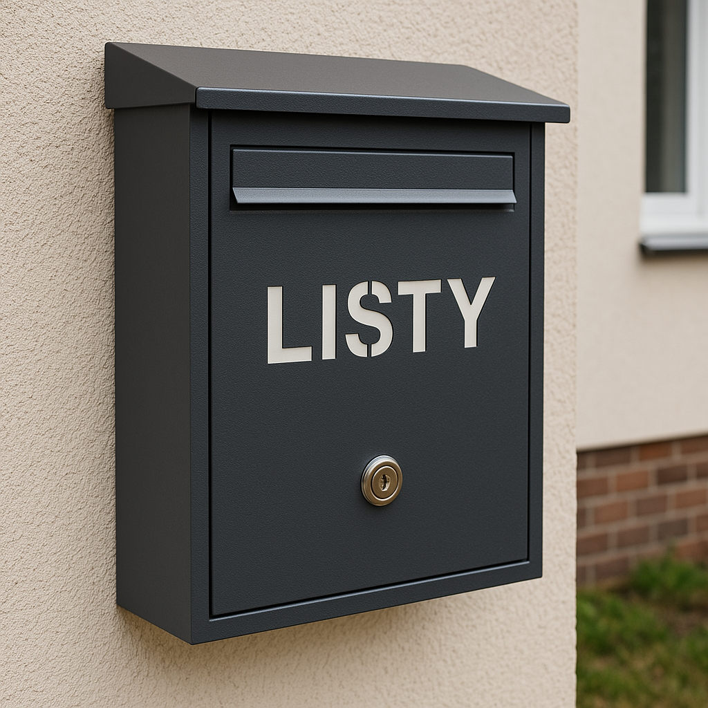 Nowoczesna skrzynka pocztowa na listy w kolorze grafitowym – metalowa skrzynka listowa z napisem „LISTY”, zamkiem i otworem wrzutowym, zamontowana na elewacji domu
